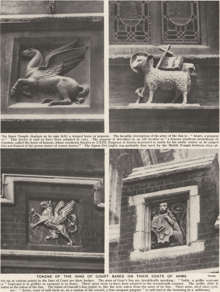 LONDON. Tokens of the Inns of court based on their coats of Arms 1926 print